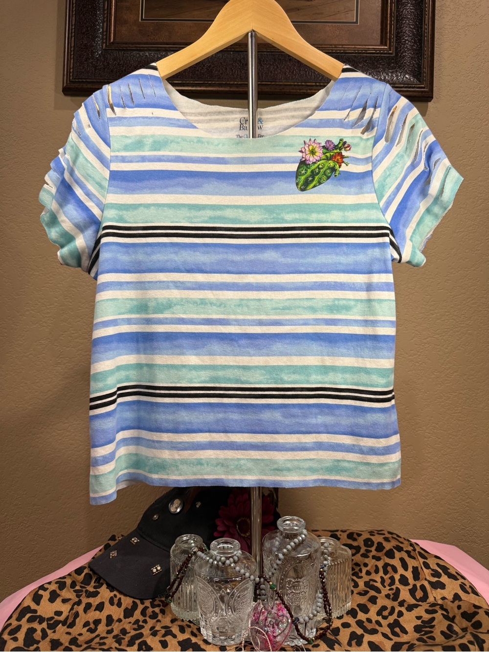 Custom ripped Croft and Barrow Blue & Aqua Striped Top with cactus graphics